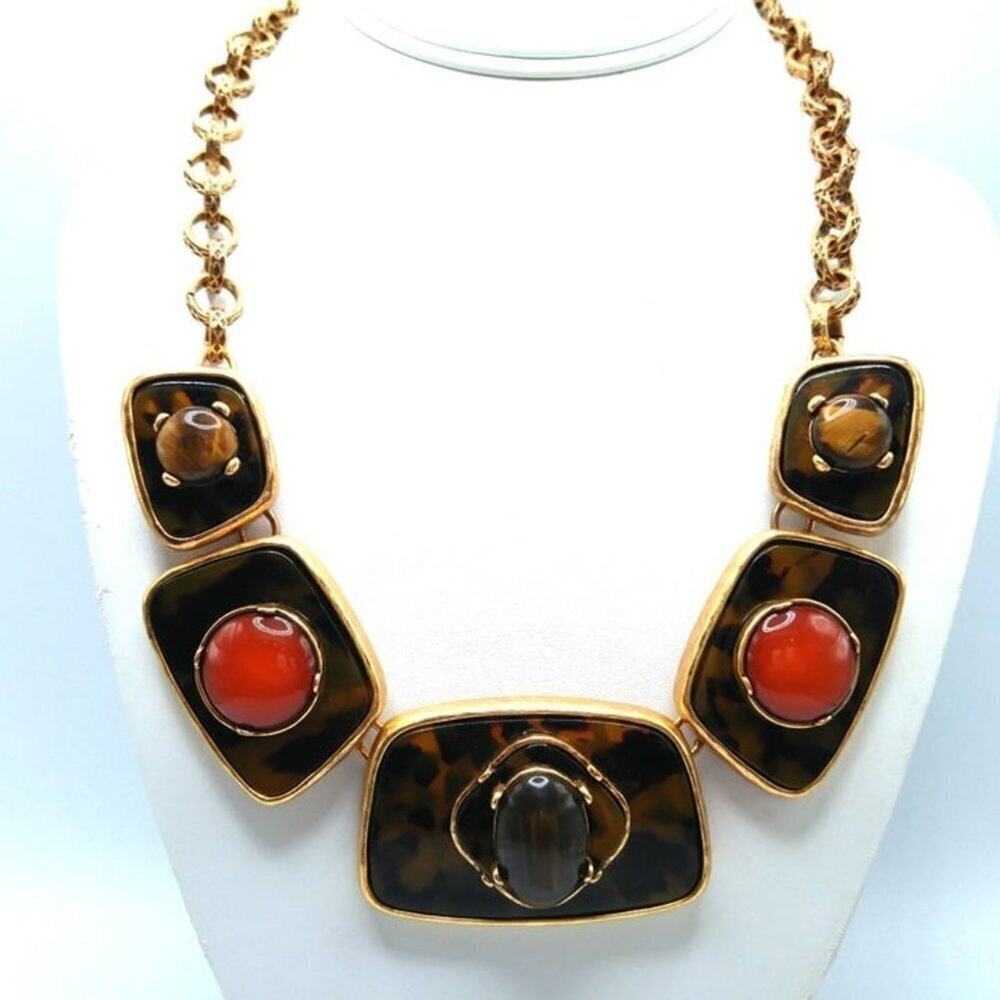 Chico's Faux Tortoise Bib Necklace Tiger Eye Coral Statement NWT